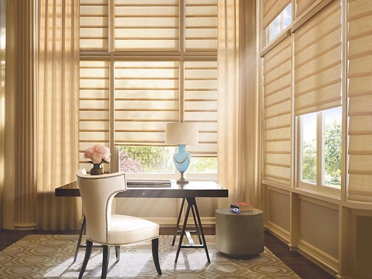 Motorized Vignette® Modern Roman Shades, available at Brilliant Drapery Design in Los Angeles, CA