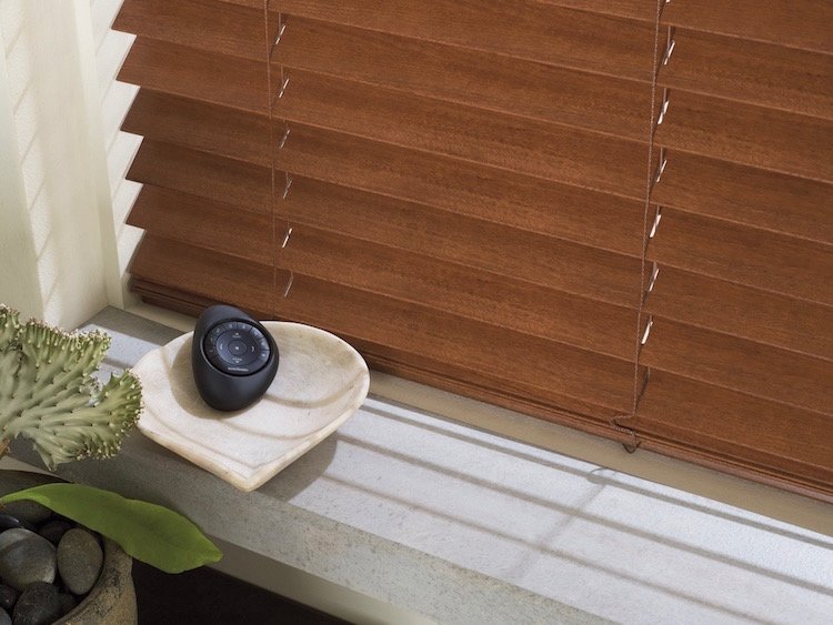 Motorized EverWood® alternative wood blinds, available at Brilliant Drapery Design in Los Angeles, CA