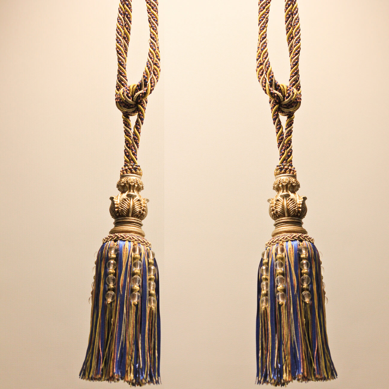 Tieback Tassel- Blue /Gold- 10" Tassel - 32" Spread | Brilliant Drapery