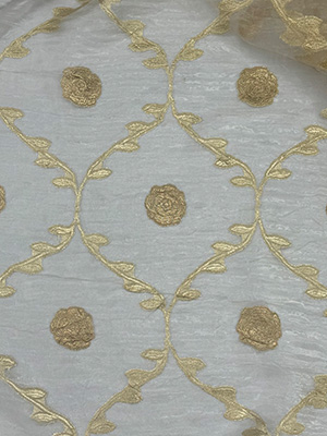 gold floral embroidery sheer fabric with jacquard damask design